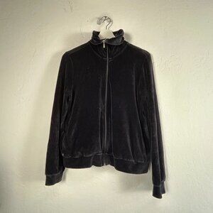 Ralph Lauren Women Black Velour Zip-Up Jacket Medium Stretch Pockets Lightweight